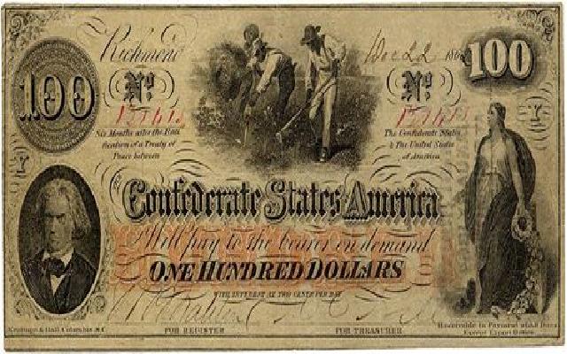 یک اسکناس صد دلاری" ایالات مؤتلفه آمریکا" به تاریخ در ۲۲ دسامبر، ۱۸۶۲